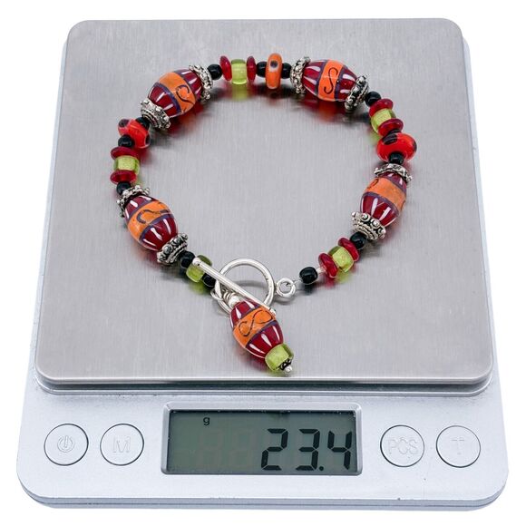 Vibrant Silver Tone Orange Red Yellow Black Glass Bead Bracelet 7.5" - Picture 5 of 6